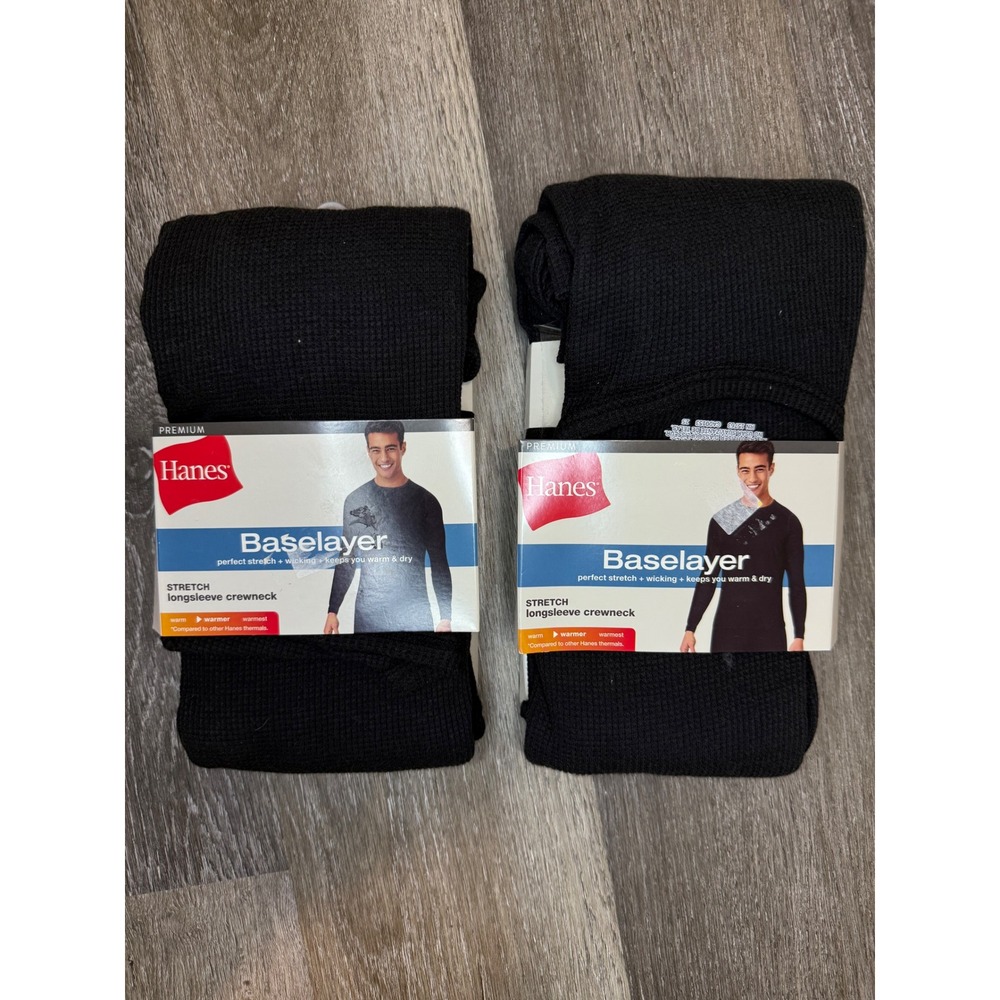 Hanes Premium Mens Baselayer Set of 2 Black Waffle Long Sleeve Crewneck XL New‎